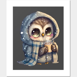 Chibi Owl Drinking Hot Chocolate cute christmas snow design series 5 Posters and Art